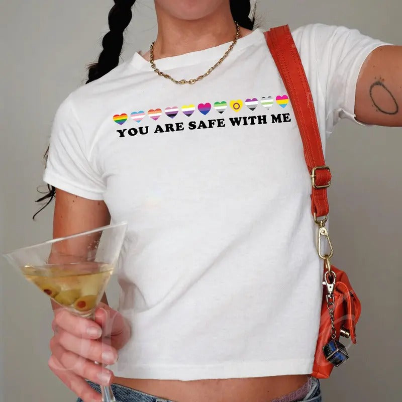 You Are Safe with Me Pride Ally Baby Tee, LGBTQ Gay Pride Y2K Clothing, Love Is Love Pride Month Shirt, Queer Aesthetic...