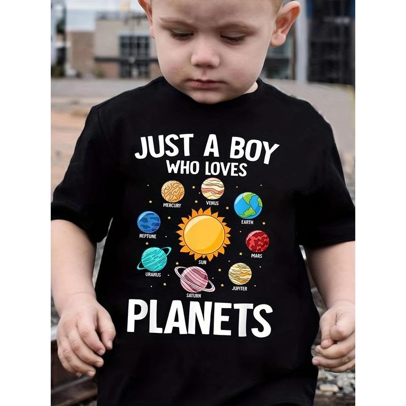 Youngsters' Casual Crew Neck T-Shirt, 100% Polyester Knit Fabric, Regular Fit, with Planet Applique and Alphabet Print,...