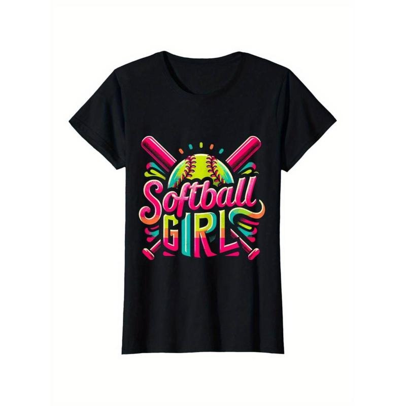 Youngsters' Softball Girl T-Shirt | 100% Cotton | Multi-Color Geometric Design with Baseball Bat & Ball Graphics | Round...