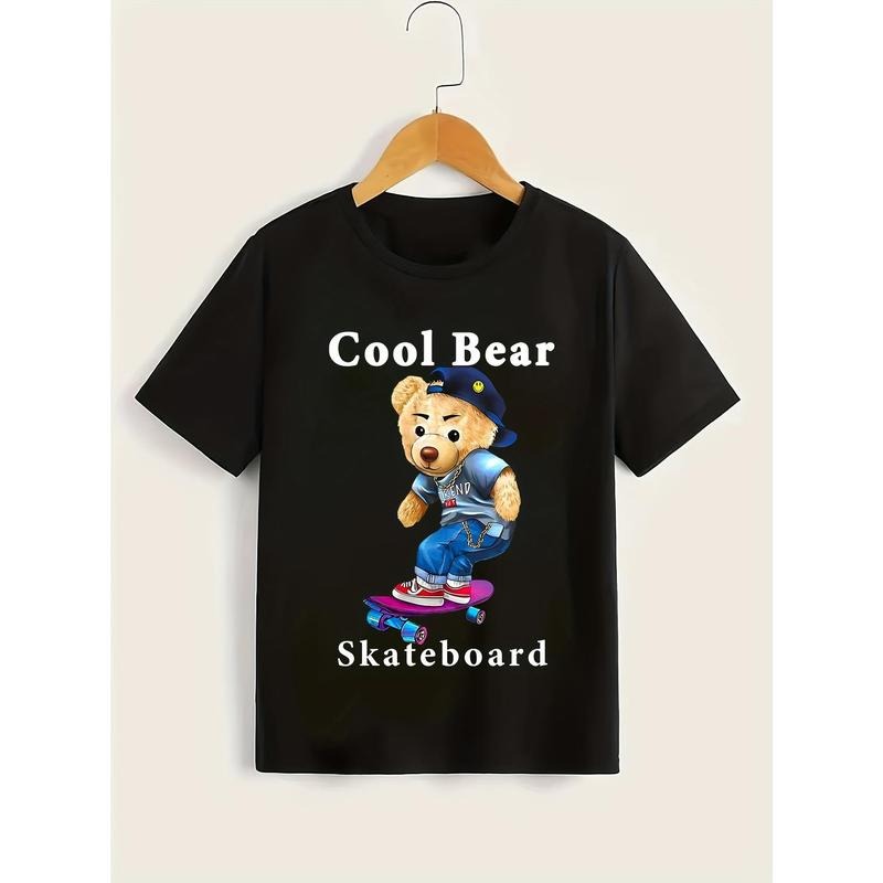 Youngsters's Easter Gift Fashionable Youngsters's Clothing Skateboard Bear Cartoon Print Short Sleeve T-shirt Hoodie,...