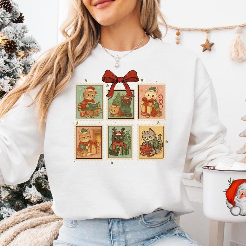 Youth and Adults Retro Christmas Postage Stamp Sweatshirt, Vintage Santa Stamps, Family Matching Christmas PJs Gift, Cute...
