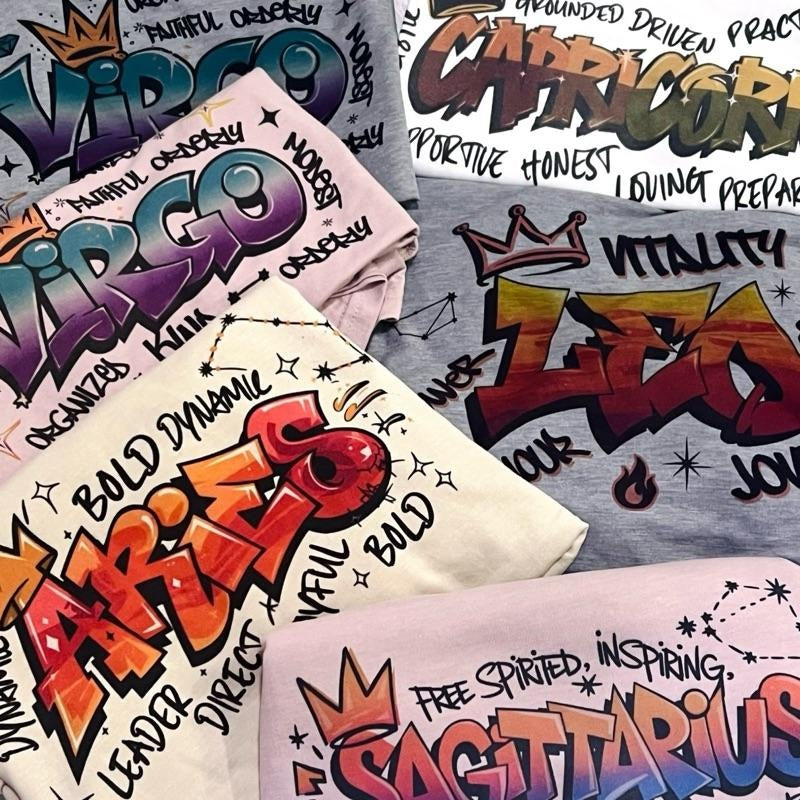 Zodiac Sign Graphic Tee Horoscope Month Signs Tshirts Celestial Star Sign Shirts Casual Womens Graphic Top Hoodie, Sweatshirt