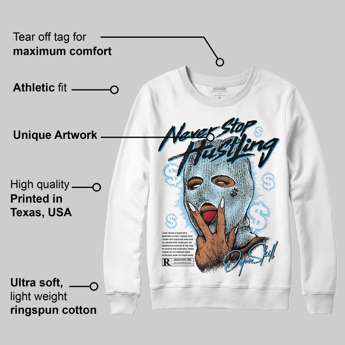 Legend Blue 11s DopeSkill Sweatshirt Never Stop Hustling Graphic