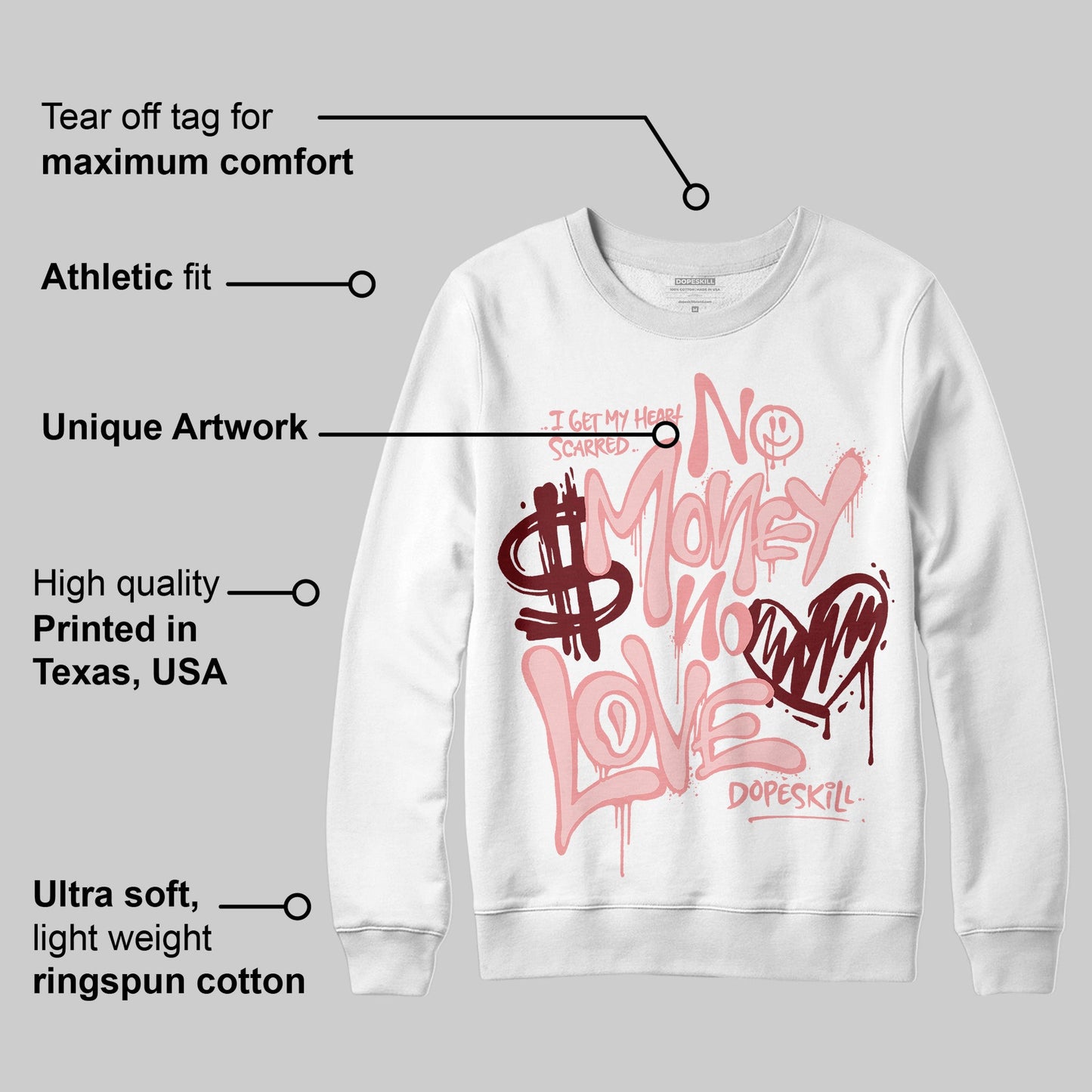 VALENTINE'S Day 3s DopeSkill Sweatshirt No Money No Love Typo Graphic