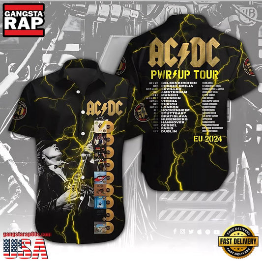 ACDC Rock Band Pwr Up World Tour 2024 Yellow Hawaiian Shirt - Gangstarap80S