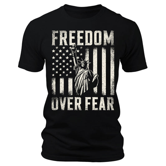 Men's Freedom Over Fear Lady Liberty T-Shirts Patriotic Short Sleeve Crewneck Graphic Tees