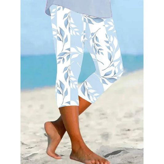 Women's Leggings Capri Pants High Elasticity Vacation Fashion Hawaiian Calf-Length Mid Waist Floral Graphic Leaf Printing Breathable Soft  Vacation Casual Daily Baby blue Summer Spring Regular Fit