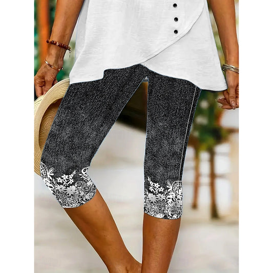 Women's Leggings Capri Pants High Elasticity Vacation Fashion Hawaiian Calf-Length Mid Waist Floral Graphic Printing Breathable Soft  Vacation Casual Daily Light Blue Summer Spring Regular Fit