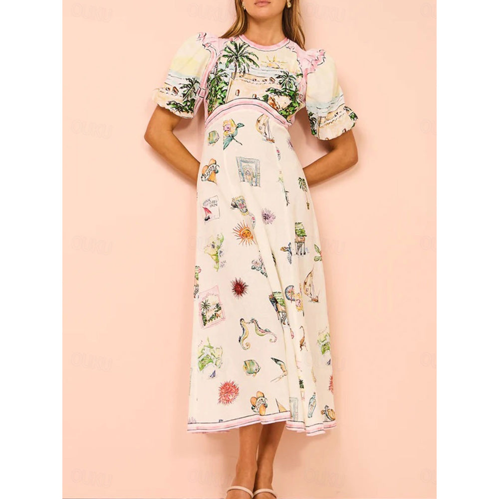 Women's Midi Dress Corset Dress Shift Dress Puff Sleeve Dress Vacation Birthday Puff Sleeve Vacation Party Birthday Regular Fit Graphic Short Sleeve Crew Neck Beige Summer