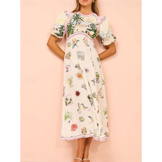 Women's Midi Dress Corset Dress Shift Dress Puff Sleeve Dress Vacation Birthday Puff Sleeve Vacation Party Birthday Regular Fit Graphic Short Sleeve Crew Neck Beige Summer