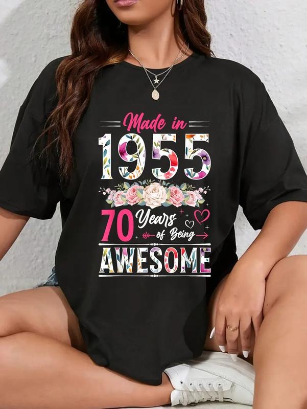 cotton 70 Year Old Made In 1955 Floral 70th Birthday Women T-Shirt casual Fashion graphic tees women Hoodie, Sweatshirt