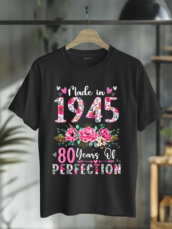 cotton 80 Year Old Made In 1945 Floral 80th Birthday Women T-Shirt casual Fashion graphic tees women Hoodie, Sweatshirt