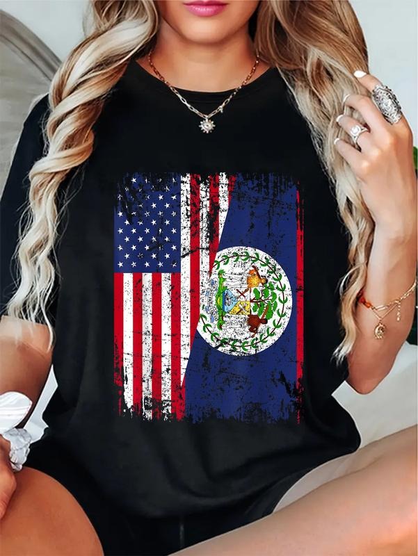 cotton BELIZEAN ROOTS | Half American Flag | USA BELIZE FLAG T-Shirt casual Fashion graphic tees women Hoodie, Sweatshirt