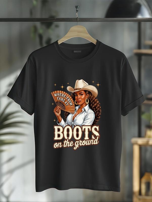 cotton Boots On Ground Juneteenth Cowgirl Western Rodeo Black Women T-Shirt casual Fashion graphic tees for women style...