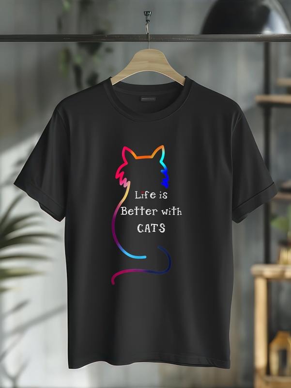 cotton Cat Life Is Better With Cats Colorful T-Shirt casual Fashion graphic tees for women Hoodie, Sweatshirt