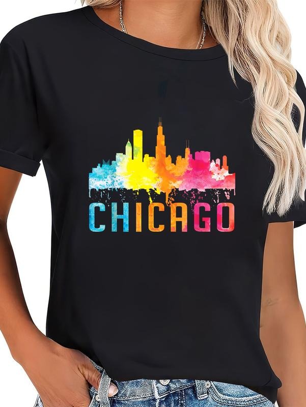 cotton Chicago Illinois Retro Watercolour Skyline Souvenir T-Shirt casual Fashion graphic tees for women Hoodie, Sweatshirt