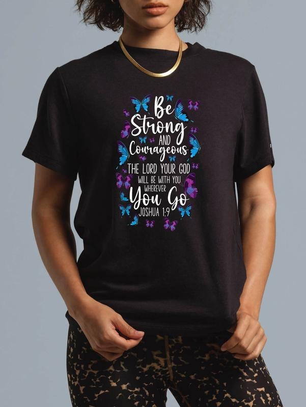 cotton Christian Bible Verse Quote Butterfly Joshua 1:9 T-Shirt casual Fashion graphic tees women Hoodie, Sweatshirt