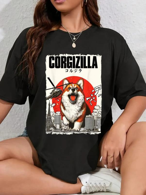 cotton CorgiZilla Parody Japanese Art Corgi Dog Mom Dad Unisex Adult T-Shirt casual Fashion graphic tees for women...