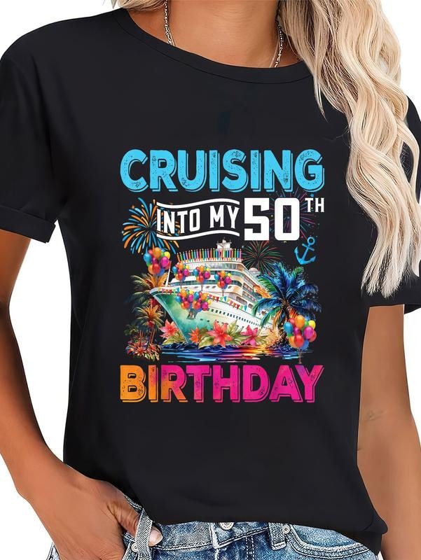cotton Cruising Into My 50th Birthday Trip Vacation Cruise Birthday T-Shirt casual Fashion graphic tees women Hoodie,...