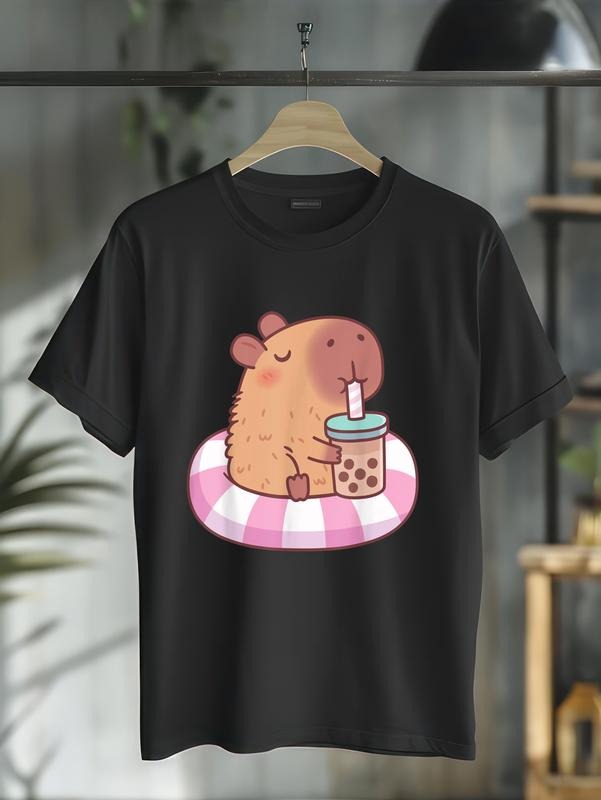 cotton Cute Capybara On Pool Float Drinking Bubble Tea Lover Girls T-Shirt casual Fashion graphic tees for women Hoodie,...
