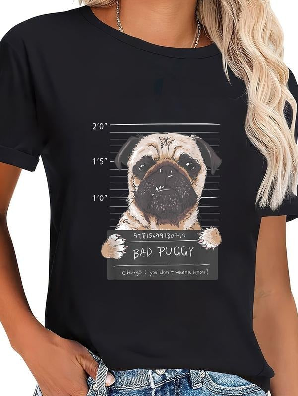 cotton Cute Pug Mugshot Bad Puggy Puppy Humor Funny Dog T-Shirt casual Fashion graphic tees for women Hoodie, Sweatshirt