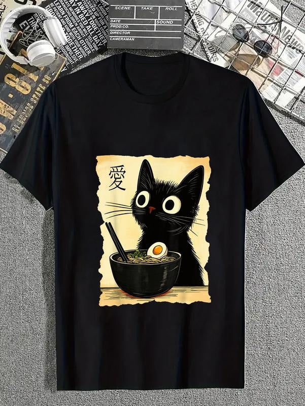 cotton Funny Cat Ramen Graphic Tee Japanese Kawaii Anime Cat T-Shirt casual Fashion graphic tees for women Hoodie, Sweatshirt