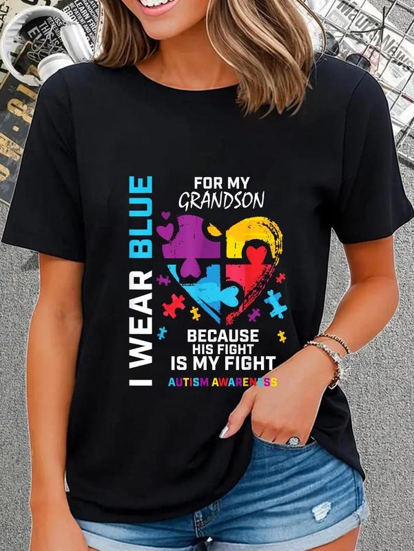cotton Grandma Grandpa I Wear Blue For My Grandson Autism Awareness T-Shirt casual Fashion graphic tees women Hoodie,...