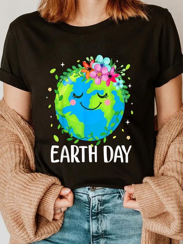 cotton Happy Earth Day Shirt Cute Earth With Floral Earth Day 2025 T-Shirt casual Fashion graphic tees women Hoodie,...