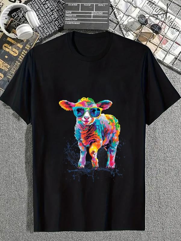 cotton Happy Easter Lamb Sheep Colourful Artwork with Sunglasses T-Shirt casual Fashion graphic tees for women Hoodie,...