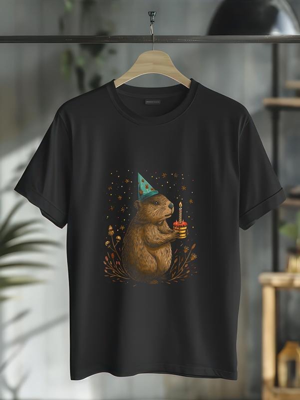 cotton Happy Groundhog Day Ground Hog With Birthday Cake Party T-Shirt, Small casual Fashion graphic tees for women...