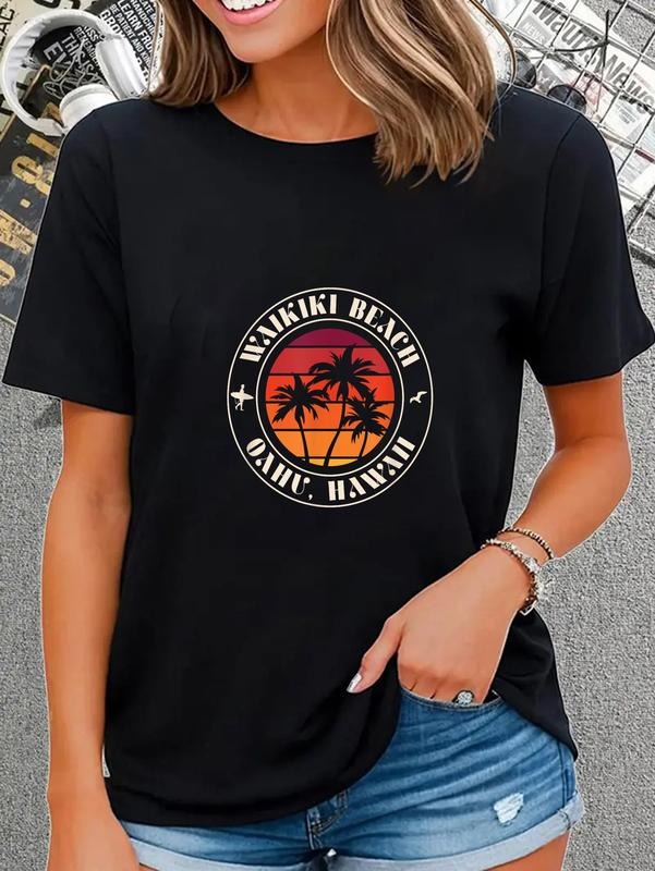 cotton Hawaii Oahu Sunset Surfer and Seagull Waikiki Beach T-Shirt casual Fashion graphic tees women Hoodie, Sweatshirt