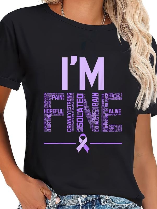 cotton I'm Fine Fibromyalgia Warrior Fibro Awareness Purple Ribbon T-Shirt casual Fashion graphic tees women Hoodie,...