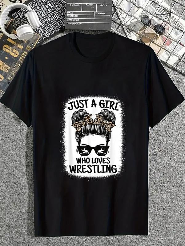 cotton Just A Girl Who Loves Wrestling Funny Wrestle Lover Wrestler T-Shirt casual Fashion graphic tees women Hoodie,...