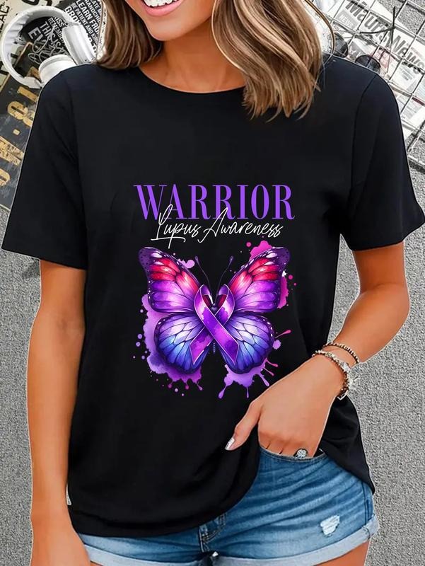 cotton Lupus Awareness Warrior Survivor Purple Butterflies T-Shirt casual Fashion graphic tees women Hoodie, Sweatshirt