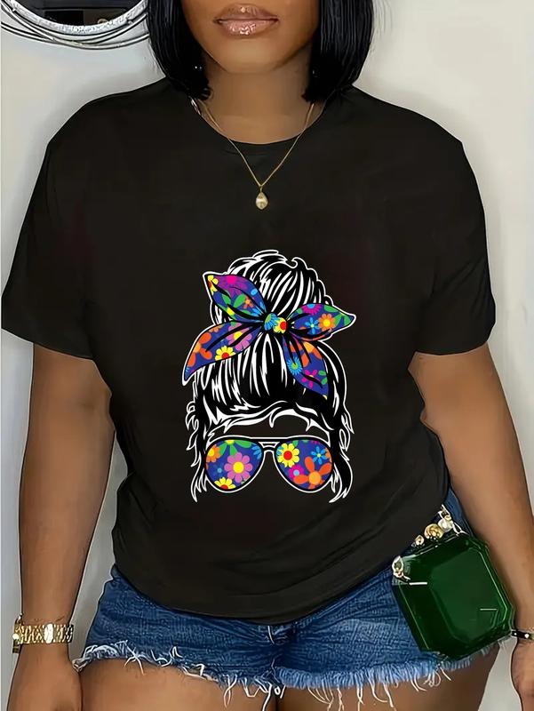 cotton Messy Hair Bun with Bandana Ribbon and Sunglass Design T-Shirt casual Fashion graphic tees women Hoodie, Sweatshirt
