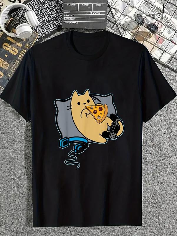 cotton Nerdy Pizza Eating Gamer Cat Game Paused T-Shirt casual Fashion graphic tees for women Hoodie, Sweatshirt
