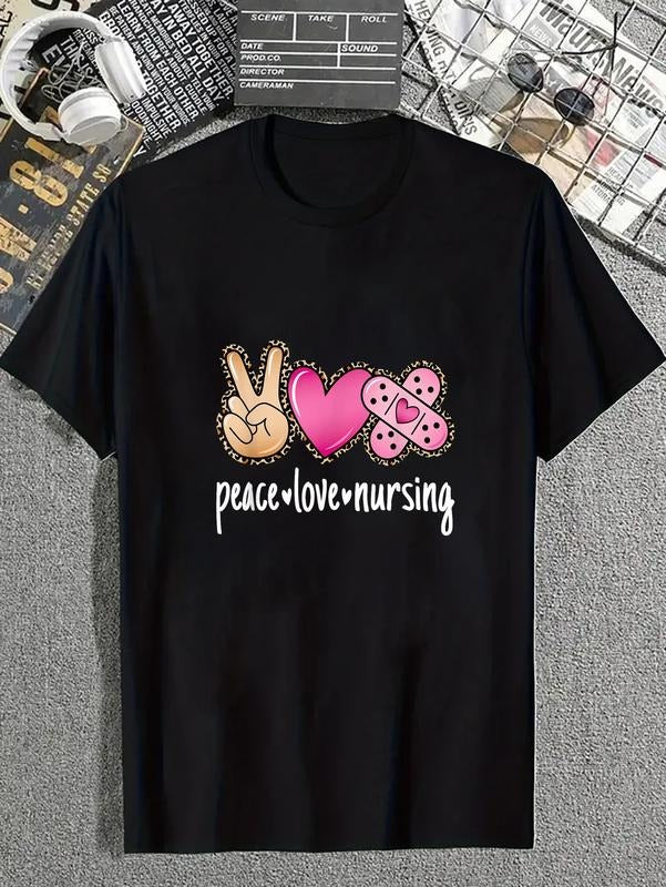 cotton Peace Love Nursing Leopard Print Cute Nurse T-Shirt casual Fashion graphic tees for women Hoodie, Sweatshirt
