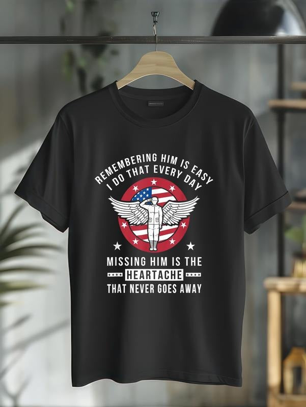 cotton Remembering Him Fallen Hero Angel Soldier Memorial Day Flag T-Shirt casual Fashion graphic tees women Hoodie,...