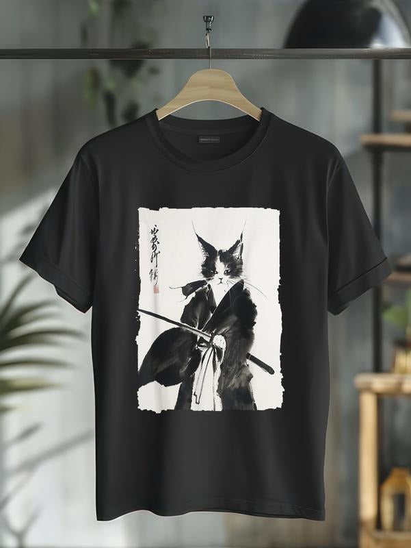 cotton Samurai Cat Vintage Ukiyo-e Warrior Art Graphic Cat Art T-Shirt casual Fashion graphic tees for women Hoodie,...