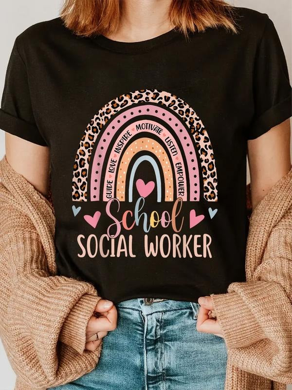 cotton School Social Worker Rainbow Leopard Print Funny Social Work T-Shirt casual Fashion graphic tees for women Hoodie,...