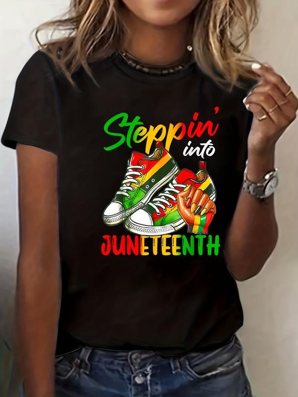 cotton Stepping Into Juneteenth Afro Woman Black Girls Sneakers Men T-Shirt casual Fashion graphic tees for women style...