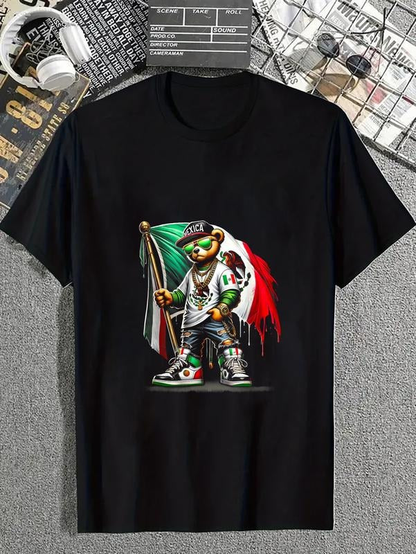 cotton Teddy Bear In Hip Hop Costume Mexican Flag Mexico T-Shirt casual Fashion graphic tees for women Hoodie, Sweatshirt