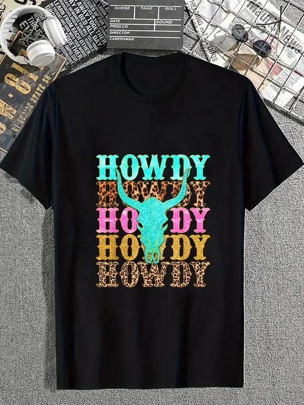 cotton Western Country Leopard Howdy Bull Skull Cowgirl Rodeo T-Shirt casual Fashion graphic tees for women Hoodie,...