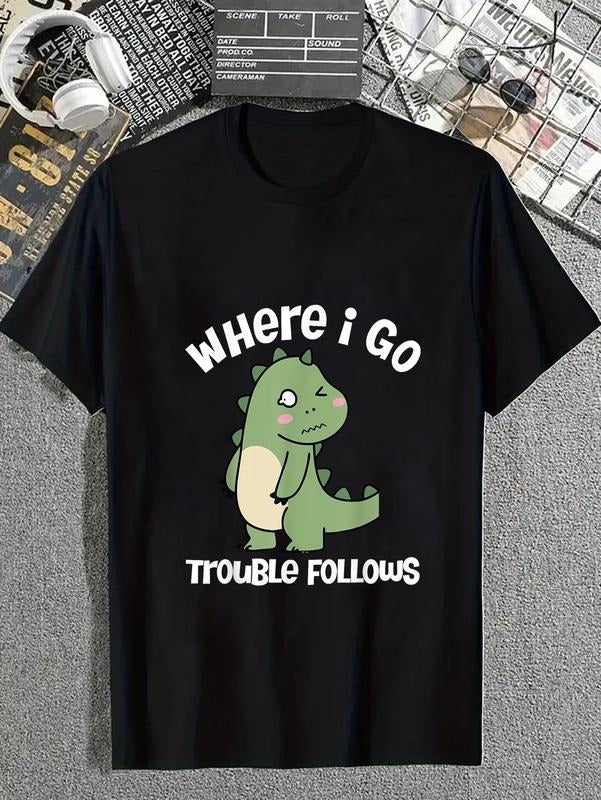 cotton Where I Go Trouble Follows I'm Trouble Funny Dinosaur Couple T-Shirt casual Fashion graphic tees for women Hoodie,...