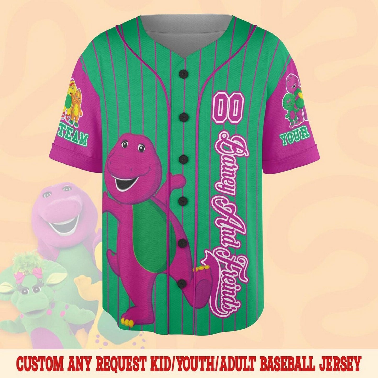 Custom Name And Number Barney And Friends Green Puple Baseball Jersey