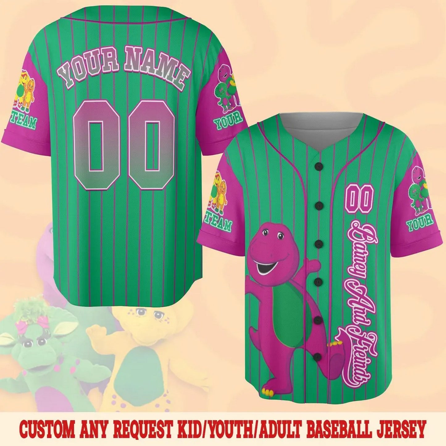 Custom Name And Number Barney And Friends Green Puple Baseball Jersey