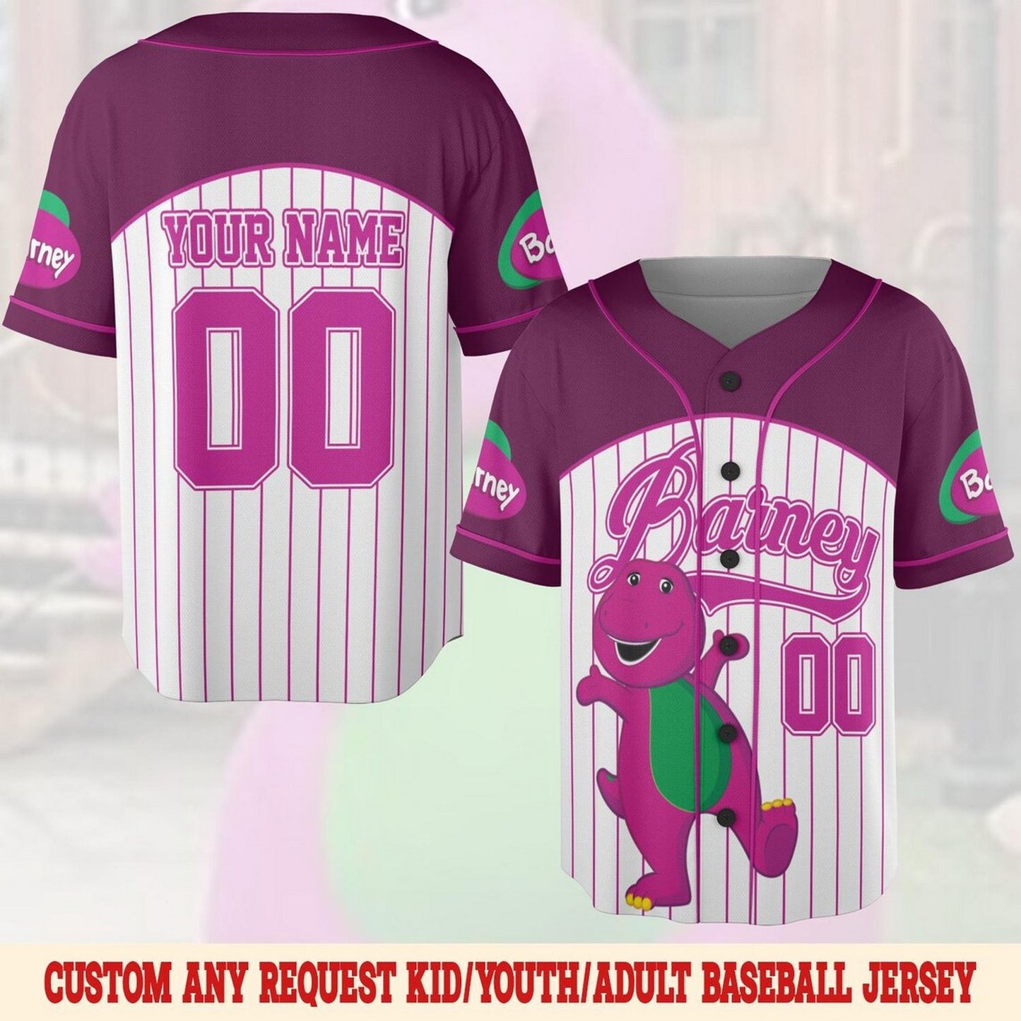 Custom Name And Number Barney And Friends White Puple Baseball Jersey