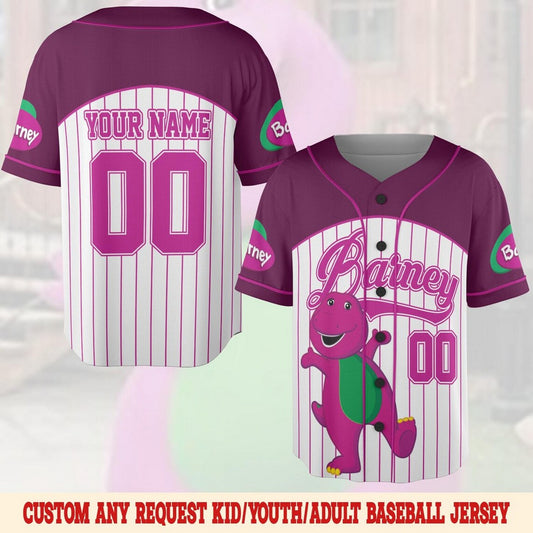 Custom Name And Number Barney And Friends White Puple Baseball Jersey