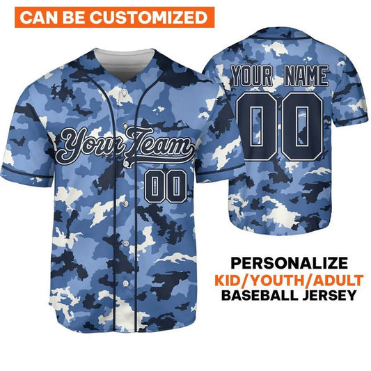 Custom Name And Number Camo Texture Blue Baseball Jersey