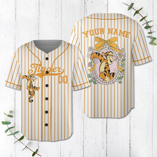 Custom Name And Number Coquette Bow Tigger Baseball Jersey